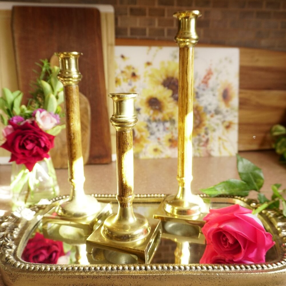Brass and Wood Candle Holder Set of 3